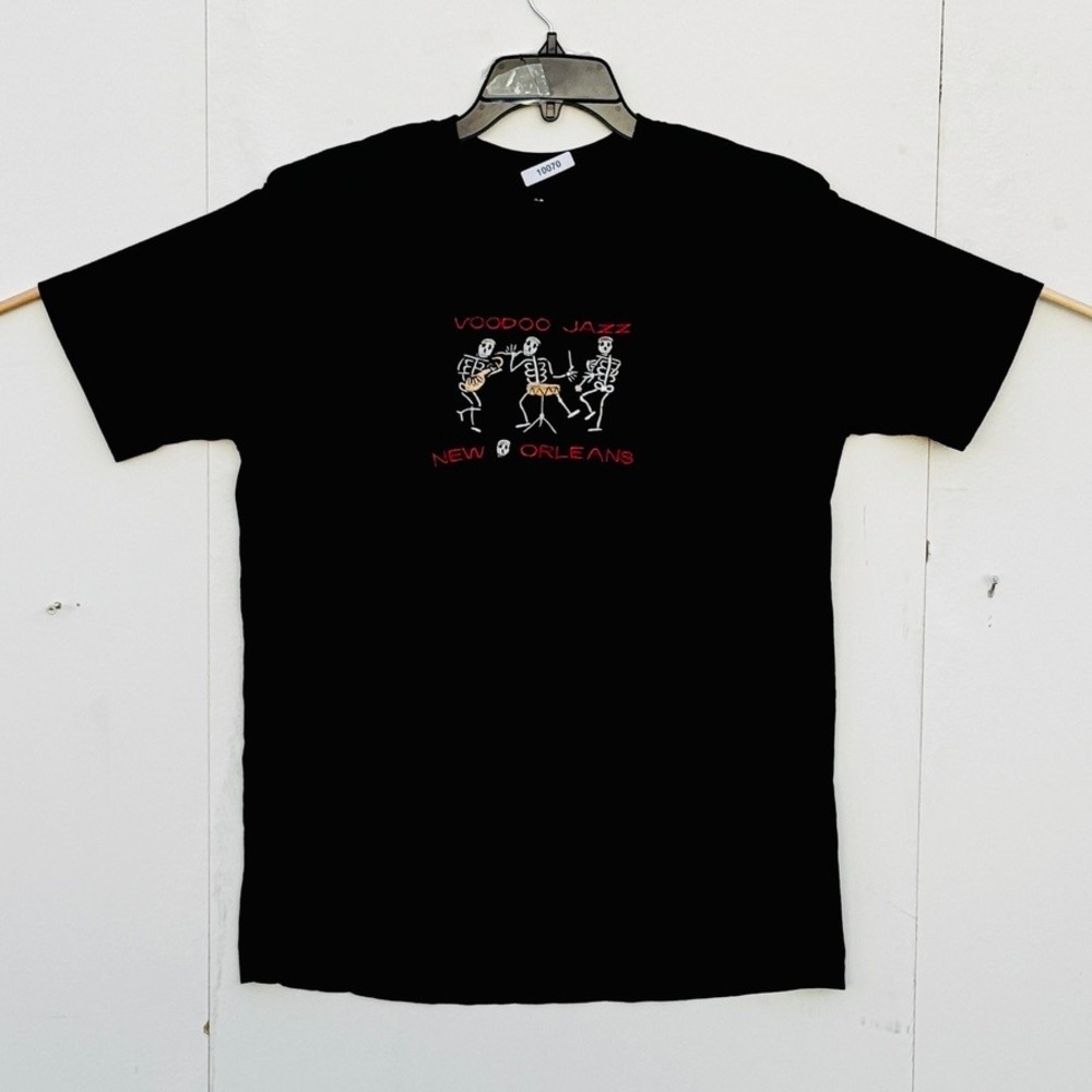 Classic Mens Voodoo Jazz New Orleans Skeleton Embroidered T-Shirt Black Large